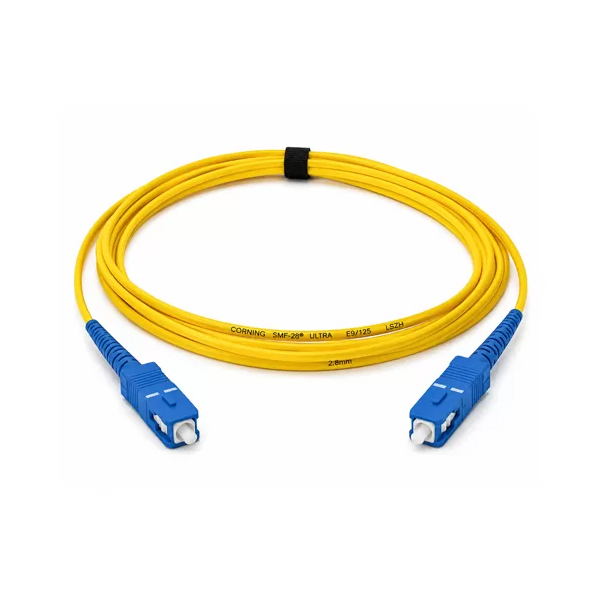 Corning SC to SC single-mode fiber patch cord with simplex construction, 5 m length, and 2.8 mm LSZH/FRNC cable for reliable optical connections.